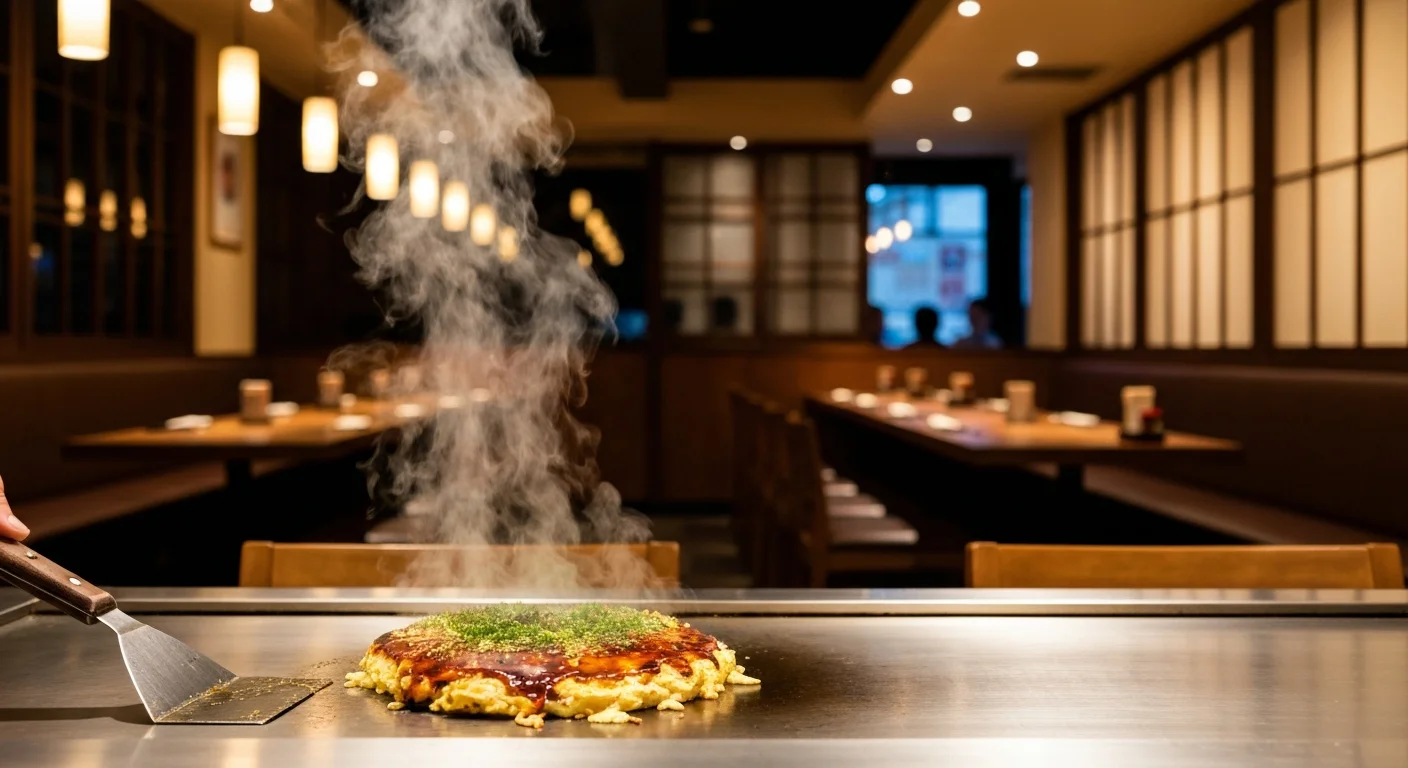 鉄板の前でお好み焼きが焼き上がる様子と店内の座席が分かる広角写真
