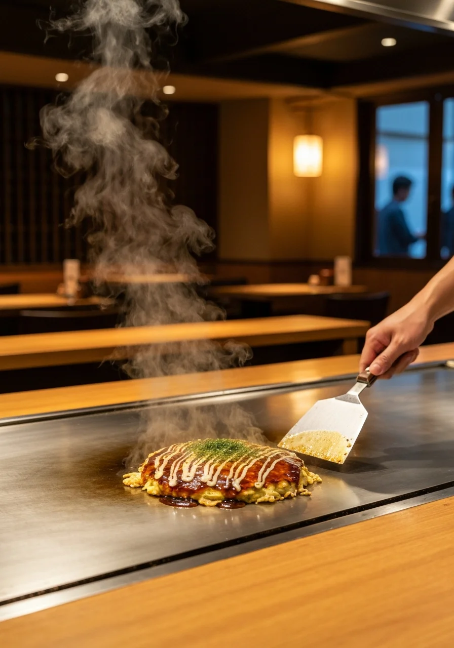 木のテーブルに広島お好み焼きと鉄板焼き、小皿お料理が並ぶ食事のテーブル写真