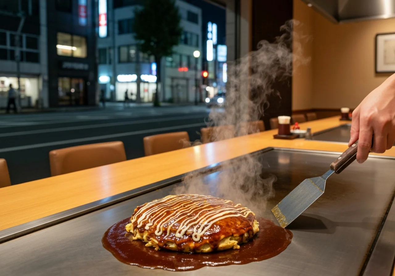 広島駅周辺の通りから見た店への道順を思わせる夜の街並みと店舗外観の写真