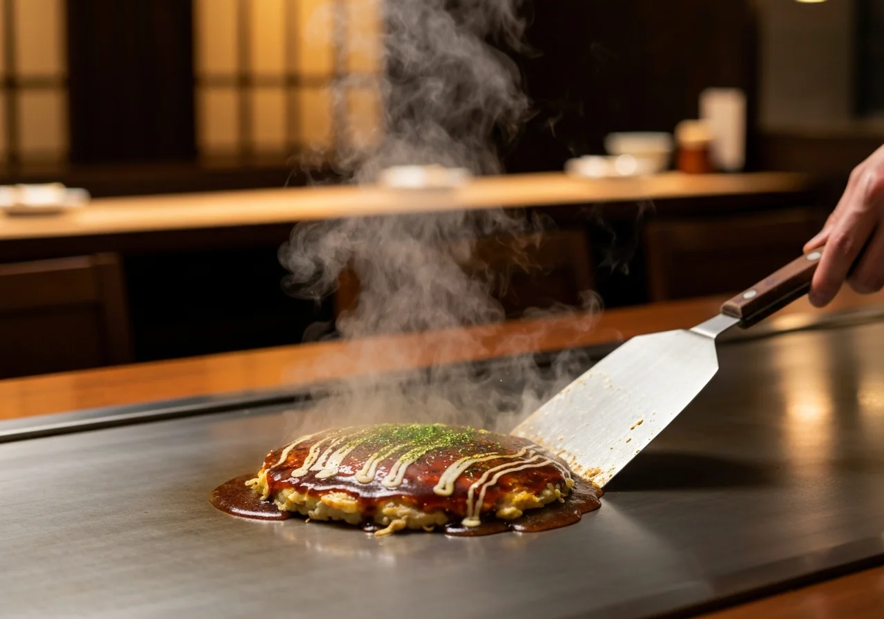 鉄板の上で広島お好み焼きが焼き上がり、湯気とソースの照りが見える接写写真
