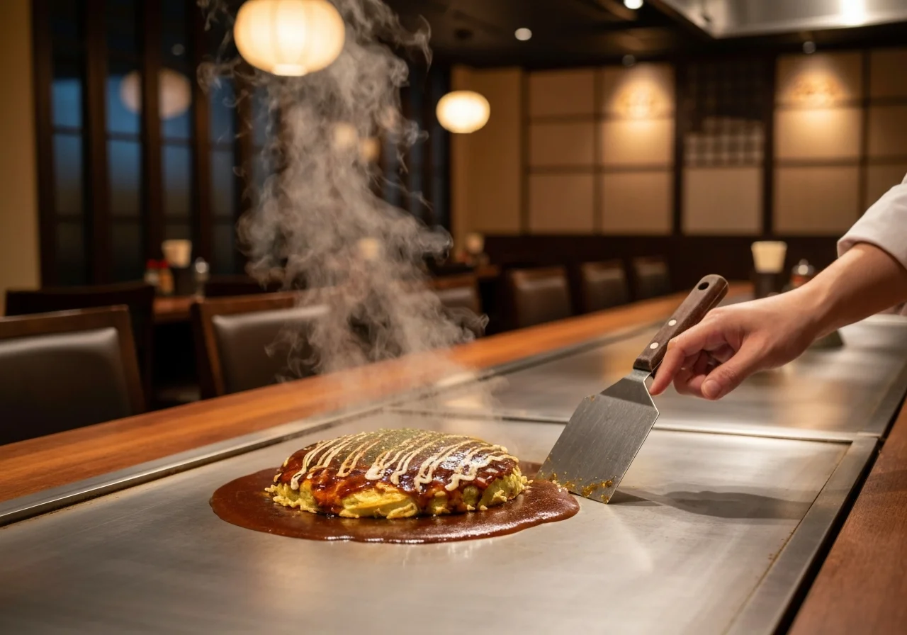 カウンター越しに鉄板と座席が並ぶ店内全景を横長で撮影した写真
