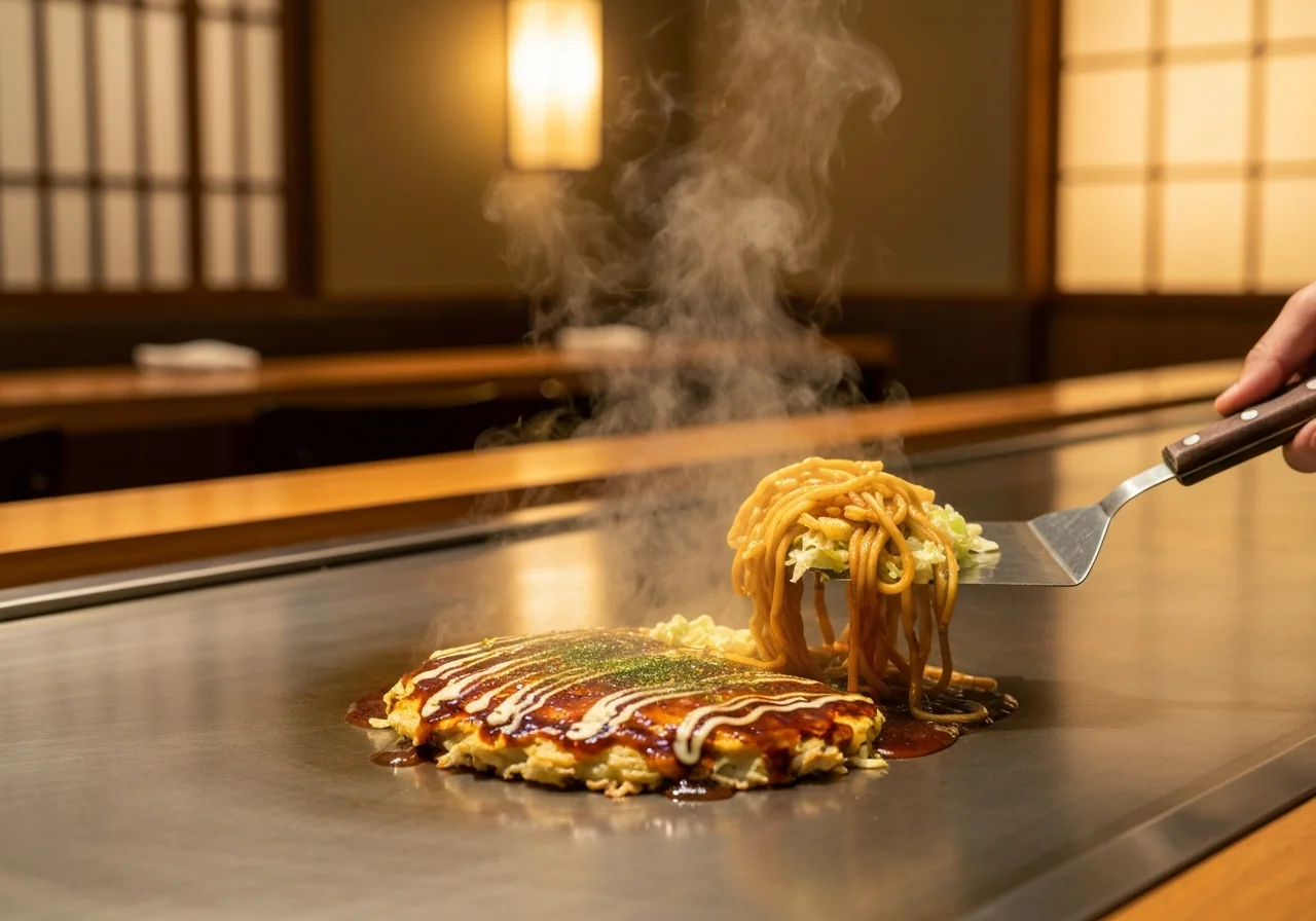 広島お好み焼きをヘラで持ち上げて、断面の麺とキャベツが見える写真