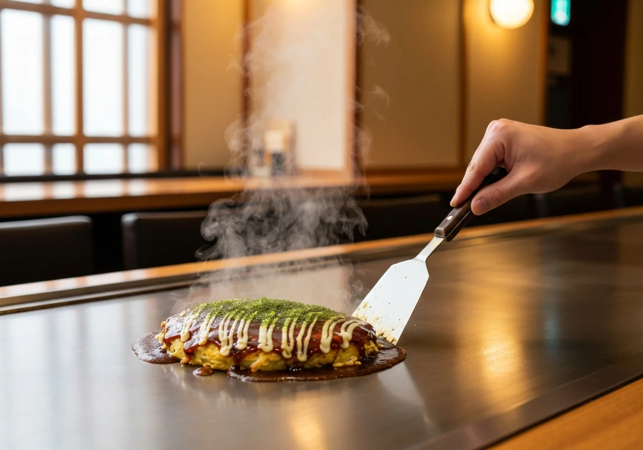広島お好み焼きに青のりを振りかけて仕上げる手元の接写写真