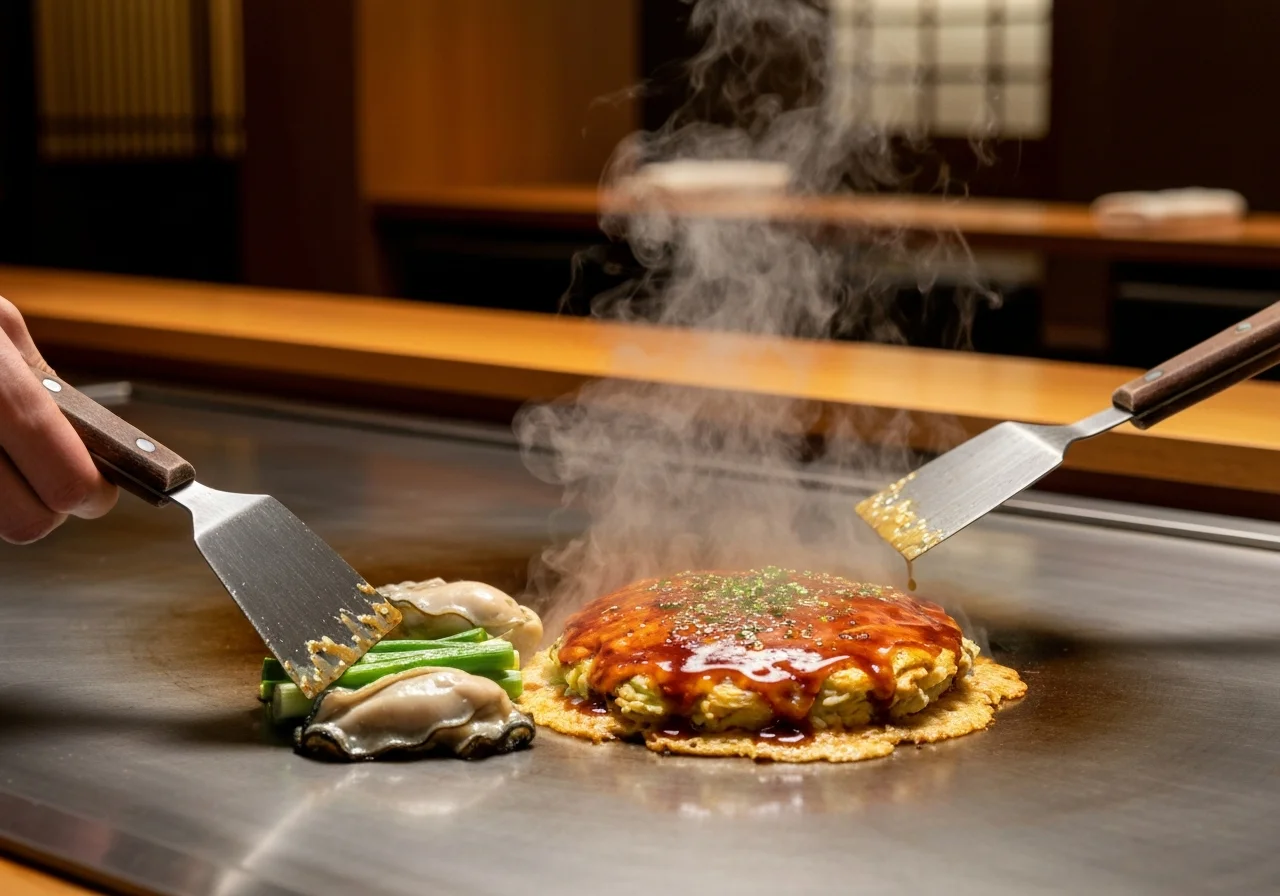 鉄板で焼いた牡蠣とねぎから湯気が立つ様子を近くから撮った写真