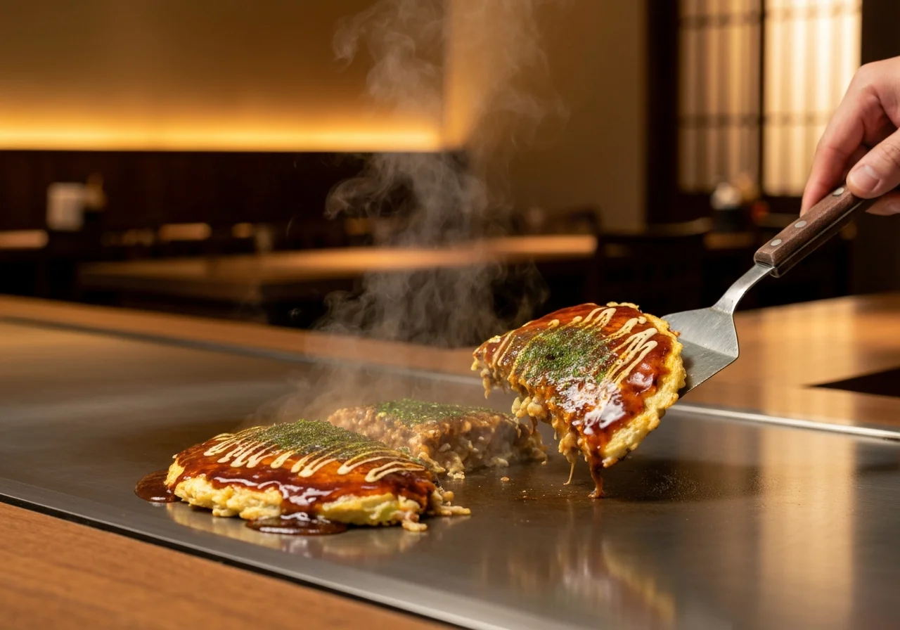 広島お好み焼きをヘラで持ち上げて断面が見える瞬間の接写写真