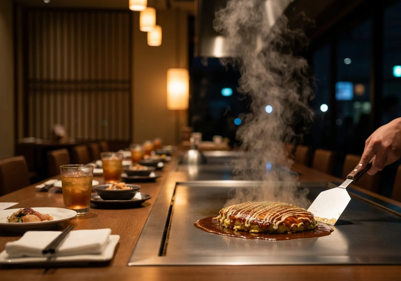 カウンター席の前で焼き上がる鉄板お料理と飲み物が並ぶ夜の店内写真