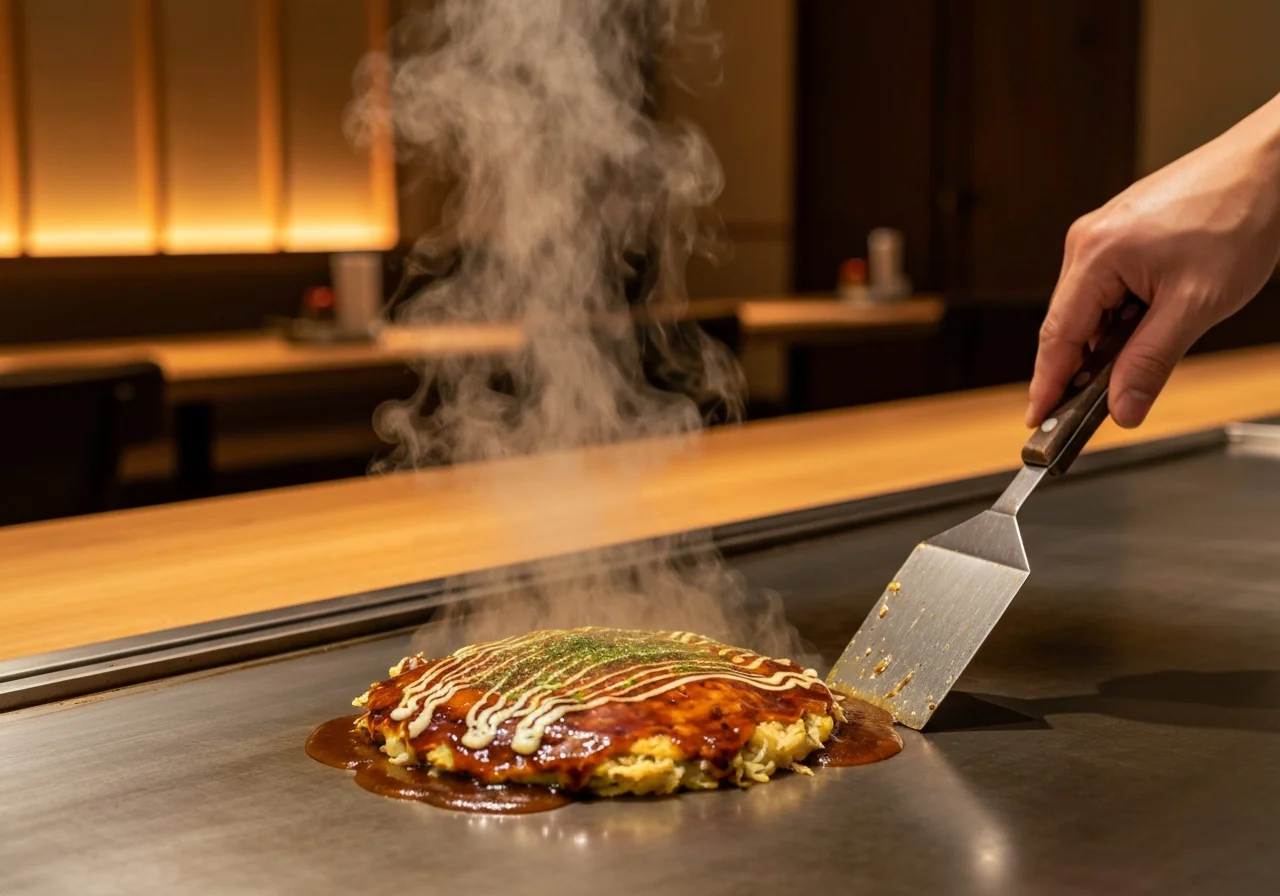 鉄板の上で焼き上がる広島お好み焼きをヘラで切り分ける瞬間の写真