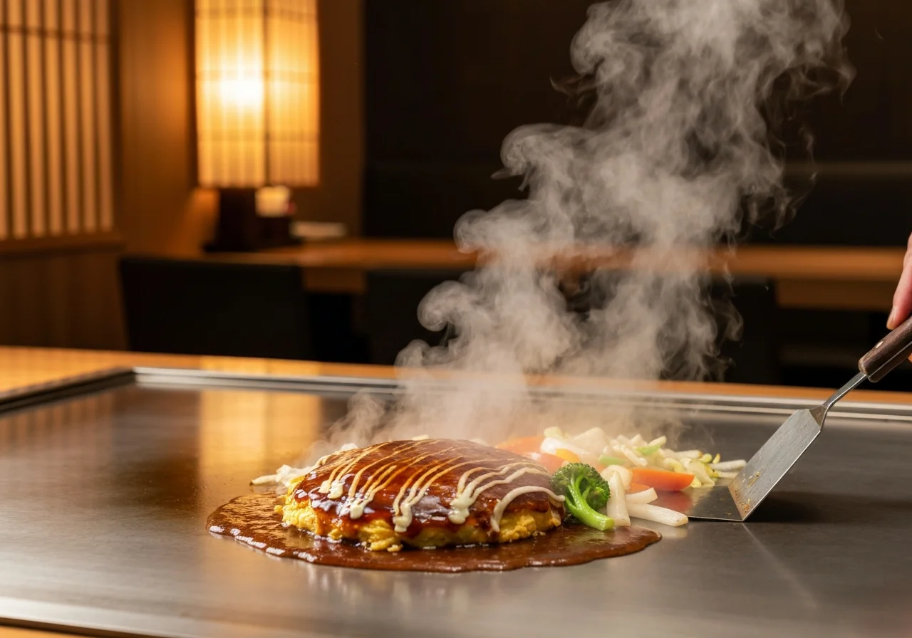 鉄板の上で牛肉と野菜を焼き上げる湯気の立つ調理中の写真