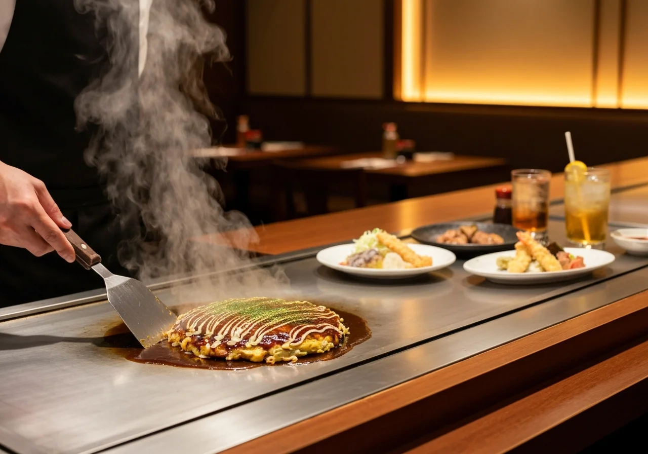 お好み焼き、鉄板お料理、飲み物が並ぶ複数人向けのコースお料理の写真