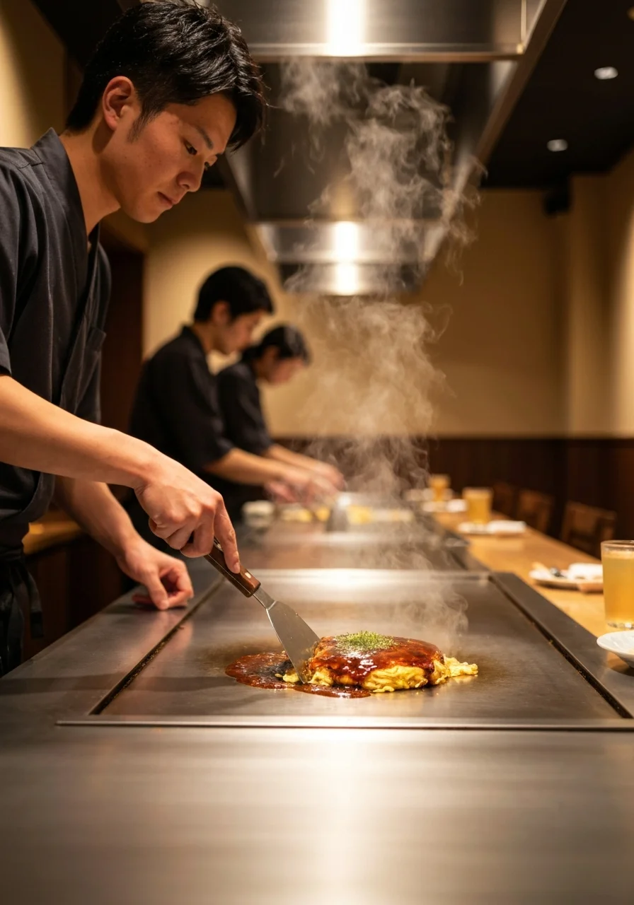 鉄板前でお料理を仕上げながら注文を受けるスタッフの横向きの様子